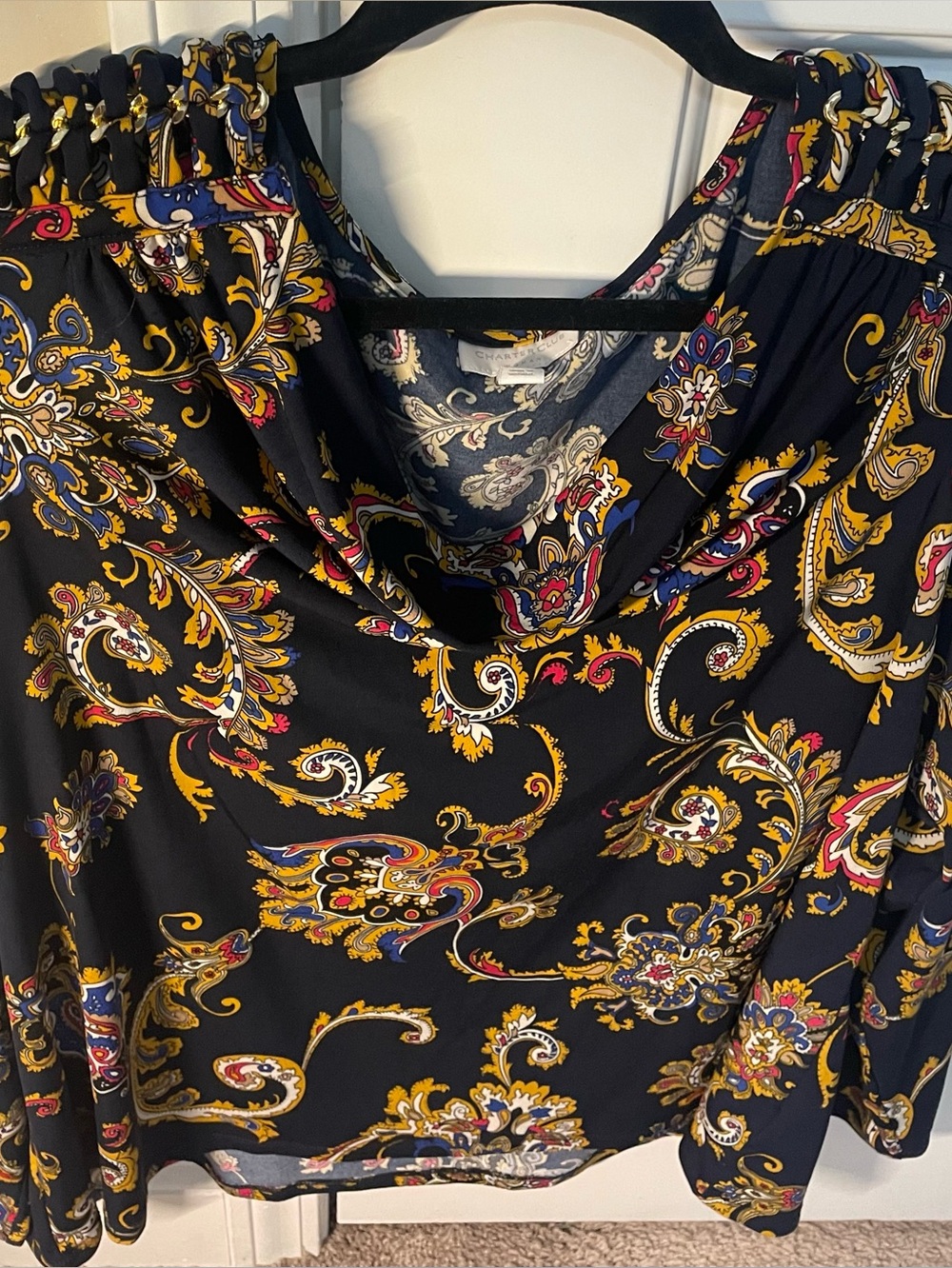 Charter Club Blue Paisley Cowl Neck Top Long Sleeve Gold Shoulder Accents Blouse